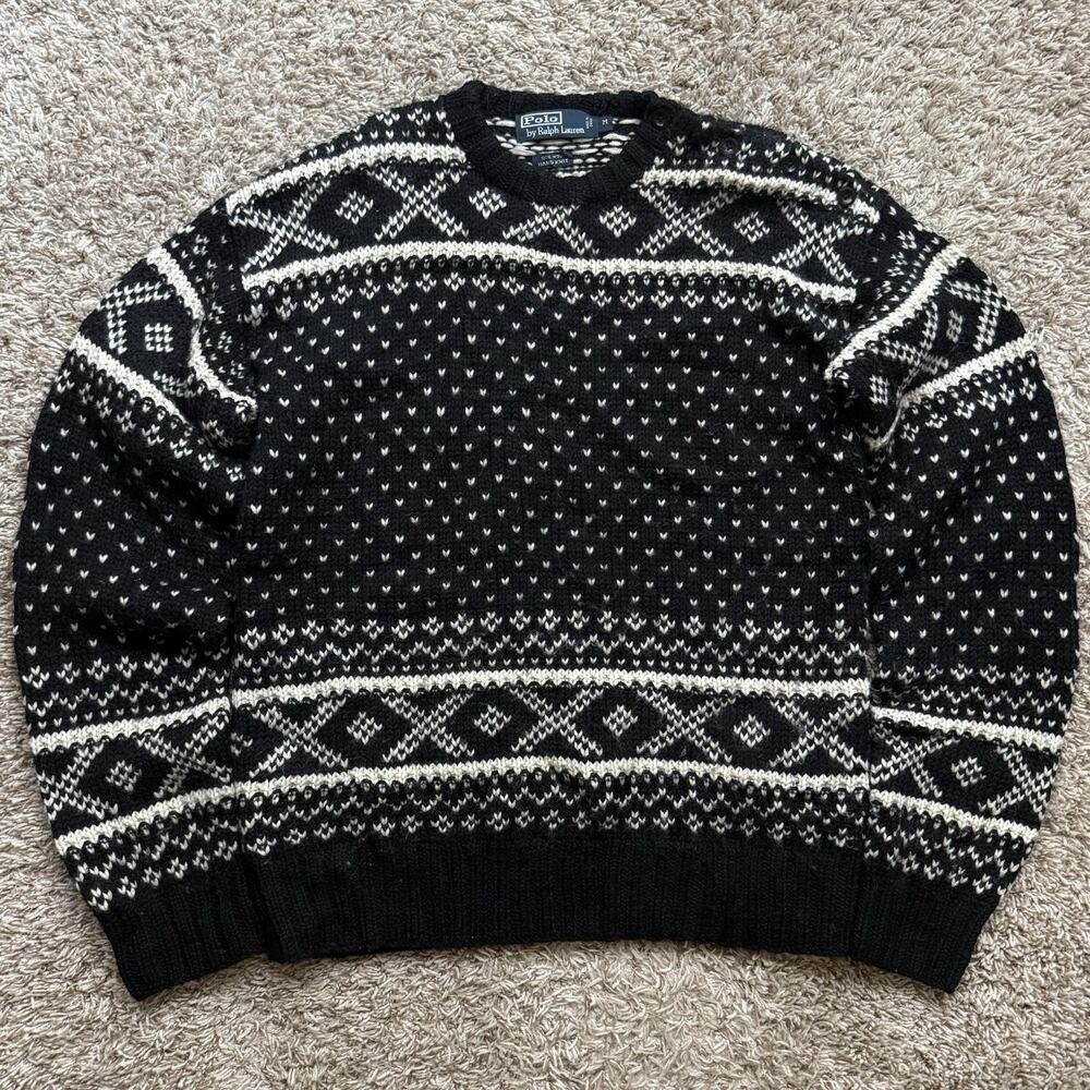 Polo Ralph Lauren Hand Knit 100% Wool Nordic Black Sweater Men’s Size Medium